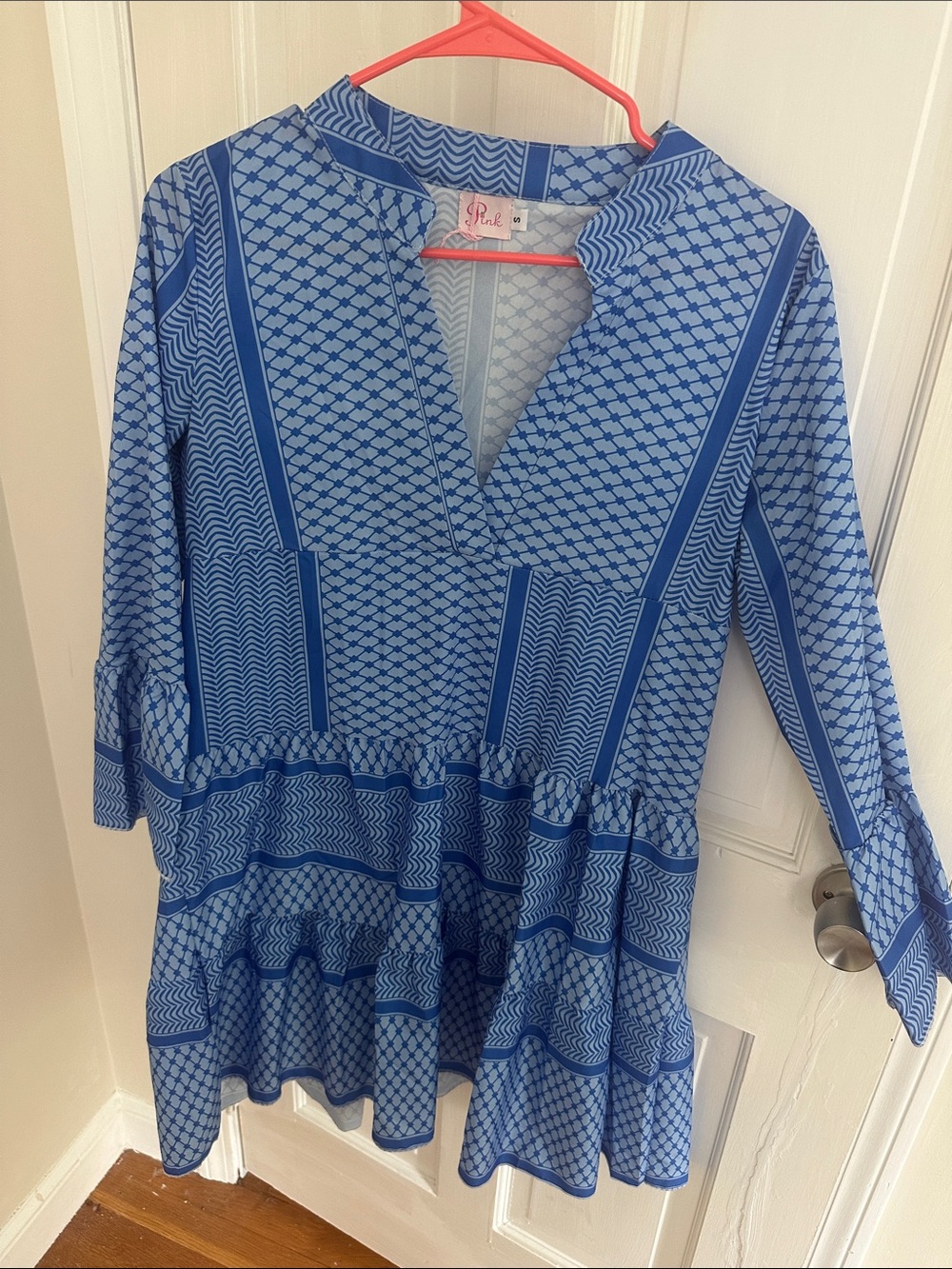 Blue Geometric Long Sleeve Tiered Dress by Rafaella
